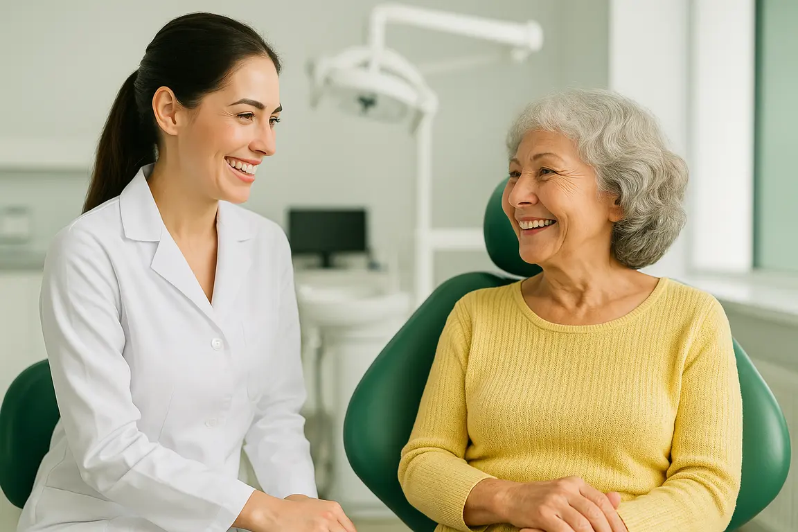 Dentista sorridente atendendo uma paciente idosa em consultório moderno na OdontoClínica Moderna